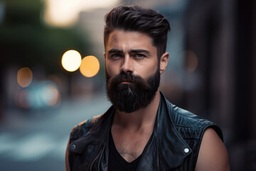 Close-up portrait of a bearded man in a leather vest with a serious expression and urban street background, generative ai