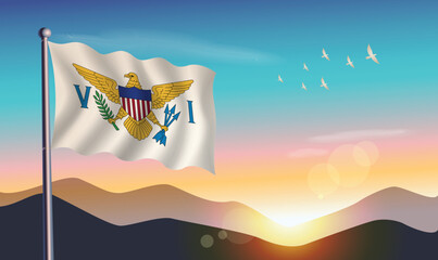 Us Virgin Islands flag with mountains and morning sun in background
