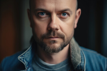 Obraz premium Close-up portrait of a rugged-looking man with a denim jacket and a serious expression, generative ai