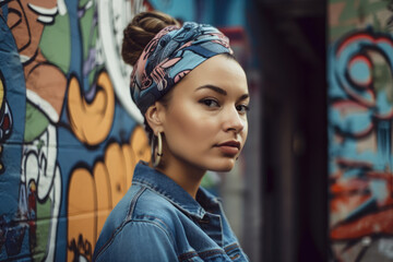 Fototapeta premium close-up portrait of a woman with a headband and denim shirt standing in front of a graffiti wall, generative ai