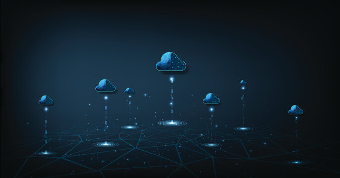 Concept of Cloud computing technology on the data network. cloud computing technology transfer database to the cloud with connected polygons with a dark blue background.