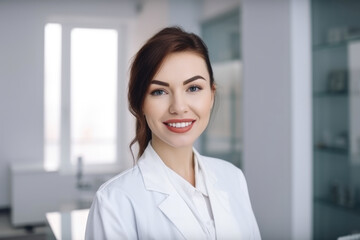Fototapeta na wymiar Confident Female Dentist with a Warm Smile and White Coat in Clinic, generative ai