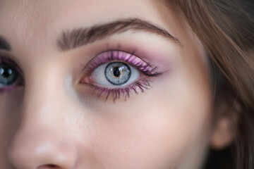 Fototapeta premium Dreamy close-up of a woman's hazel eyes with pastel purple eye shadow and soft pink lips, generative ai