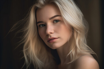 Fototapeta premium Dreamy portrait of a woman with a soft smile and wispy blonde hair, generative ai