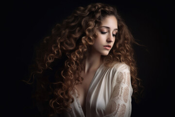 Fototapeta premium Elegant and Regal Woman with Long Curly Hair and Graceful Posture, generative ai