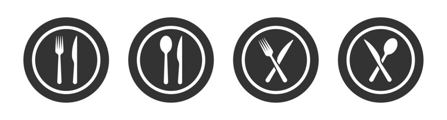 Plate, fork and knife vector icons set
