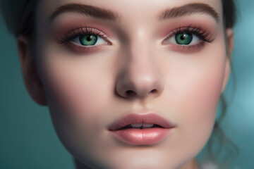 Enchanting close-up of a woman's blue-green eyes with soft pink eyeshadow and glossy lips, generative ai