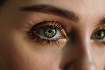 Obraz premium Ethereal close-up of a woman's green eyes with delicate gold eye shadow, generative ai