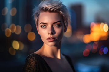 Fototapeta premium Exquisite Woman with piercing blue eyes and a radiant complexion posing in front of a dramatic cityscape, generative ai