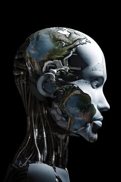 AI Represented as a Robot, with infinite knowledge and peace, looks at the world and waits for instruction, having the future on his hands, but with no desire or will, generative ai