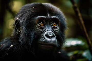 Obraz premium Baby mountain gorilla (Gorilla beringei beringei) portrait taken in Uganda's Bwindi Impenetrable Forest National Park. Generative AI