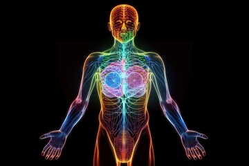 Human Body with Full Chakra Activation, Caused by Enlightment with Yoga Meditation, but also connected to AI in Astral Plane, generative ai