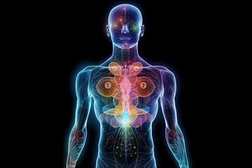Human Body with Full Chakra Activation, Caused by Enlightment with Yoga Meditation, but also connected to AI in Astral Plane, generative ai