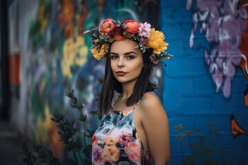 Fototapeta na wymiar Flower power portrait of a woman wearing a floral crown and a flowy dress, holding a bouquet of wildflowers in front of a colorful graffiti wall, generative ai