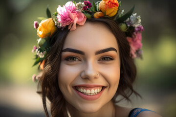 Naklejka premium Graceful portrait of a woman with a radiant smile and a blooming flower crown, generative ai