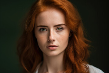 Fototapeta premium Headshot of a stunning redhead woman with green eyes and natural makeup, looking straight at the camera with a faint smile, generative ai