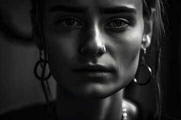 Intense and emotional portrait of a woman with a septum piercing and choker necklace, captured in a close-up shot, generative ai