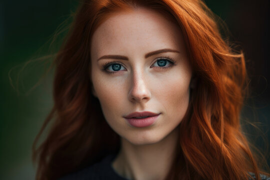 Headshot of a stunning redhead woman with green eyes and natural makeup, looking straight at the camera with a faint smile, generative ai