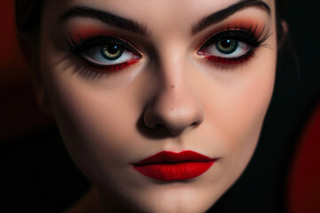 Fototapeta premium lively close-up of a woman's black eyes with cat-eye eyeliner and bold red lips, generative ai