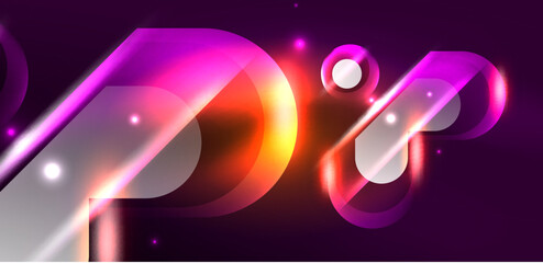 Neon glowing geometric shapes vector abstract background. Round elements, light effects and glass glossy style with color backdrop. Space cosmic or magic energy wallpaper