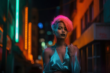 Obraz premium lively neon goddess with a fierce and commanding expression, set against a moody and atmospheric cityscape, generative ai