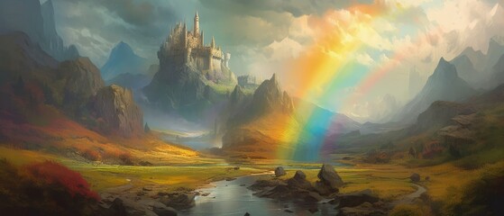 Obraz na płótnie Canvas Fantasy fairytale castle on a rocky hill with fortified walls, towering high above imaginary Scottish highlands, breathtaking mountain landscape with sunset rainbow after thunderstorm - generative AI.