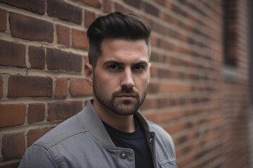 Fototapeta premium Man Posing Intensely in Front of a Distressed Brick Wall, generative ai