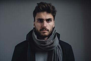 Obraz premium man with a scarf staring into the camera against a minimalistic background, generative ai