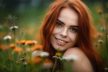 Naklejka premium Mesmerizing Woman with piercing green eyes and a whimsical smile posing in a field of wildflowers, generative ai