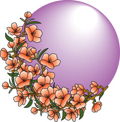 Illustration of orange flower on violet circle background.