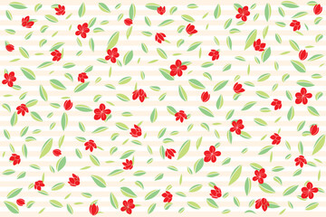Illustration of the red flower with leaves on light brown line background.