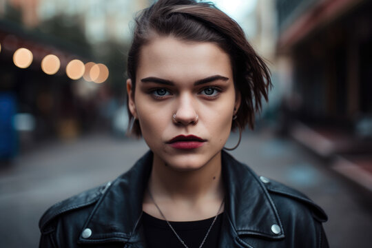 Modern Badass close-up portrait of a woman with a septum piercing, wearing a leather jacket and staring confidently at the camera, generative ai