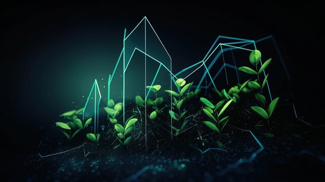 Eco-Friendly Growth: A Virtual Green Arrow Financial Graph with Plants Symbolizing Ecological Success on a Dark Background in 8K created with generative ai technology