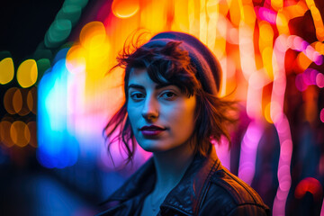 Neon Portrait of a Woman in a Bold and Colorful Urban Setting, generative ai