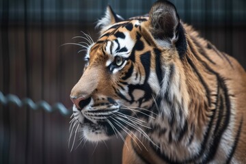 Naklejka premium Close up of a tiger in captivity behind cables. Generative AI