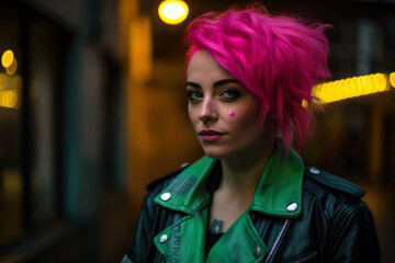 Neon Rebel portrait of a woman with bright pink hair and a neon green leather jacket, exuding a fearless and daring personality, generative ai