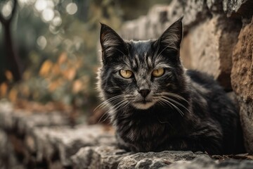 Obraz premium A gorgeous cat sits on a wall and gazes into the camera. Generative AI