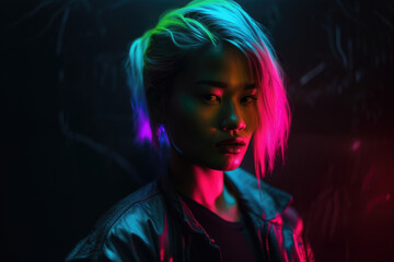 Fototapeta premium Neon-Infused Portrait of a Femme Fatale Against a Dark Background, generative ai