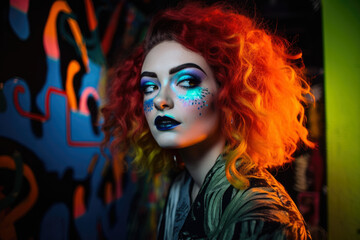 Neon-lit creative artist with vibrant hair and bold makeup, surrounded by abstract artwork and street art, generative ai