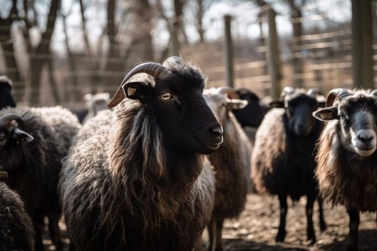 Adorable sheep and goats in a close up photograph on a farm. Generative AI