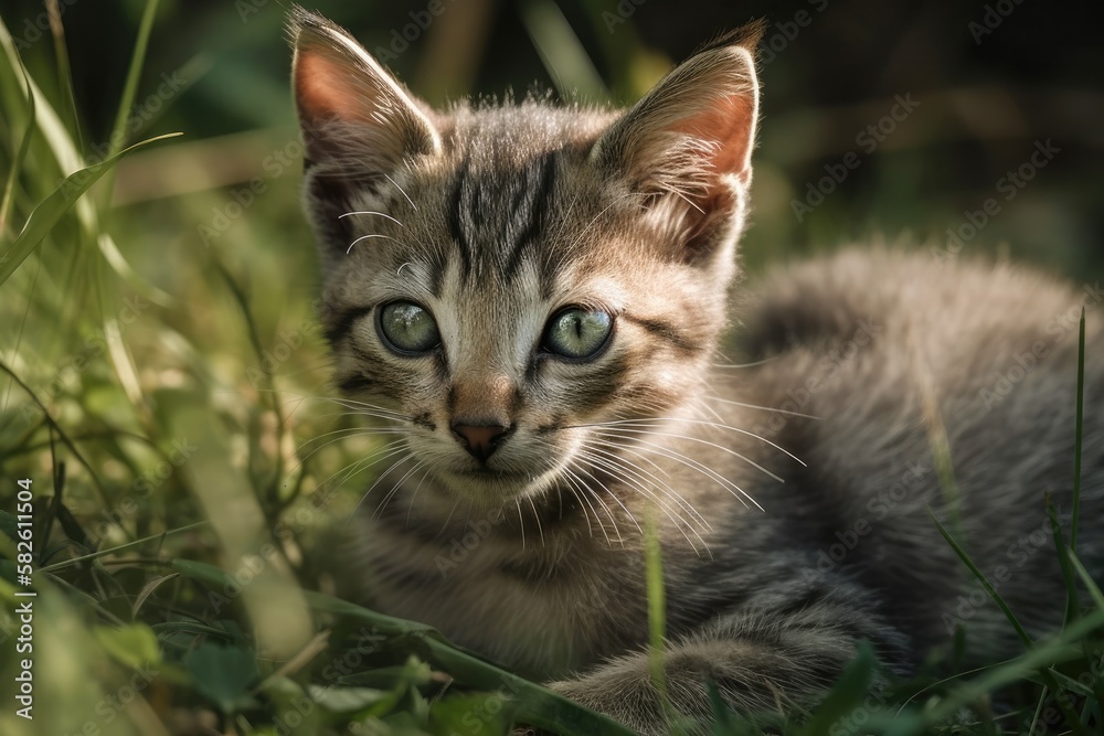 Sticker kitten resting on the lawn in the grass. utilizing the grass. Generative AI