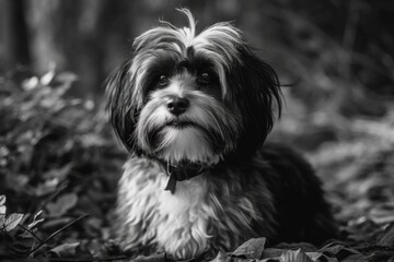 A cute black and white portrait of a Havanese dog. Generative AI