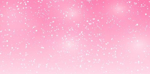 Vector falling snow overlay. Realistic shining white snowfall isolated on pink background.