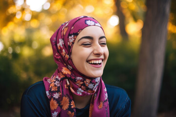 Portrait of a joyful woman with a nose piercing, laughing and wearing a colorful headscarf while sitting on a bench in a park, generative ai