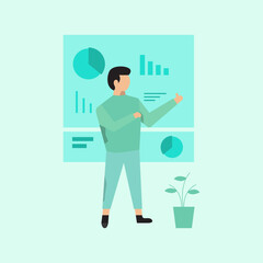 online business marketing illustration, with a scene of a man pointing at a chart. premium vector style business activities