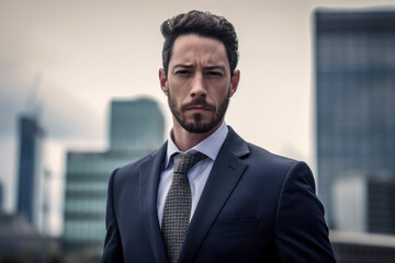 Naklejka premium Portrait of a serious businessman in a suit with a modern city skyline in the background, generative ai