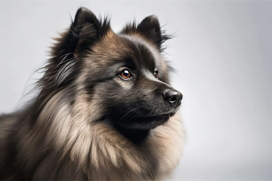 Young female Keeshond dog in high key photograph holding a tennis ball. Generative AI