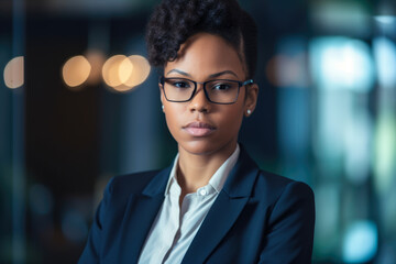 Fototapeta premium Portrait of an attractive business woman standing in a modern office lobby with glass walls and reflections, generative ai