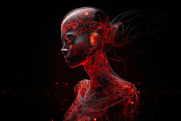 AI robot woman with beautiful red base color. generative Ai technology
