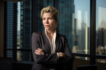 Fototapeta premium Powerful businesswoman in a high-rise office setting with a commanding presence and authoritative expression, generative ai